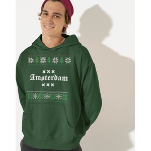 Amsterdam Kerst Hoodie Groen Logo Snowy Trees - Maat 3XL - Uniseks Fit - Kerstkleding Voor Dames & Heren
