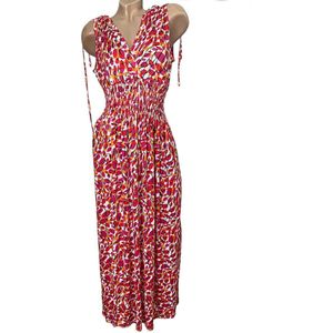 Dames maxi jurk met print L/XL (40-44) Fuchsia/wit/oranje/groen