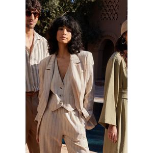 Trendyol Beige Gestreept Katoenen Linnen Geweven Blazerjack Met Dubbele Rij Knopen Twoss24Bc00016