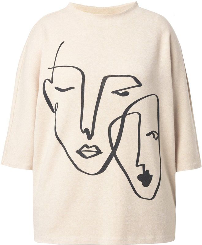 MIAMODA - Dames - Slip-over vrouwenmotief opstaande kraag 3/4-mouw - Off-white - Maat 42+