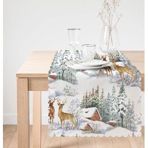 Velvet textiel tafelloper 45x135 cm - Kerst rendieren & Berghuisje - De Groen Home
