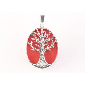 Ovale zilveren hanger met levensboom op rode koraal steen