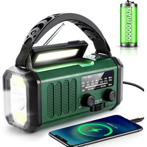 Safepact Noodradio - Solar Opwindbaar - 10.000 MAH Accu - Draagbare Radio - Met Zaklamp & SOS functie - Powerbank Zonneenergie - Noodpakket - noodrantsoen - Army Green