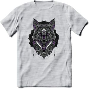 Vos - Dieren Mandala T-Shirt | Paars | Grappig Verjaardag Zentangle Dierenkop Cadeau Shirt | Dames - Heren - Unisex | Wildlife Tshirt Kleding Kado | - Licht Grijs - Gemaleerd - XXL