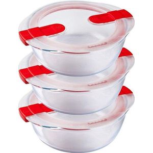 Pyrex - Cook & Heat - Ronde Schaal met Magnetronbestendige Deksel - 1,1 liter - Glas - Set van 3 Stuks