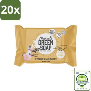 20 x Marcel's Green Soap - Hand doekjes - Vanille & Cherry Blossom - Mild & handig - 15 Doekjes - Grootverpakking - Hygiënische Handdoekjes - Handreiniger - Natuurlijke Zeep - Biologische Oliën - Alcoholvrije Handdoekjes