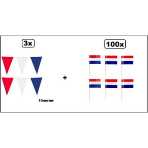 3x Vlaggenlijn Holland 10 meter + 100x cocktailprikker Holland - Thema feest Koningsdag EK Voetbal festival oranje evenement verjaardag
