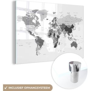 MuchoWow® Glasschilderij 120x80 cm - Schilderij acrylglas - Abstracte wereldkaart met grijstinten - zwart wit - Foto op glas - Schilderijen