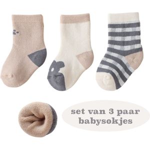 Set 3 paar babysokjes grijs-lichtbruin - Zacht katoen - Ideaal kraamcadeau - 0-6 maanden