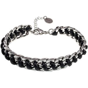 17cm tot 20cm Armband Dames - Zwarte Armband - Gepolijst RVS - Cubaanse Schakelsarmband met Zwart Koord - Verstelbaar