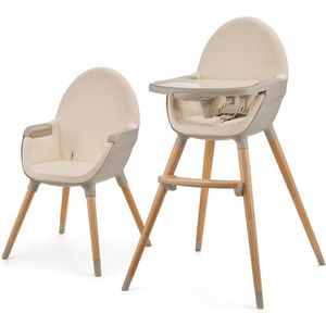 2-in-1 Hoge Kinderstoel voor Kinderen met Verstelbaar Dienblad, Houten Poten en 5-Punts Veiligheidsgordel - Beige