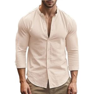 Livano Linnen Blouse Heren - t shirt - Polo - Overhemd - Shirt - Zomer - Ibiza Stijl - Khaki - Maat S