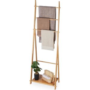 Handdoekenrek bamboe 4 stangen en plank staande handdoekhouder HBD: 153 x 535 x 30 cm badkamerrek natuur blanket ladder