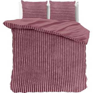 Knuffelzachte teddystof dekbedovertrek Stripes roze - 200x200/220 (tweepersoons) - heerlijk slapen - cosy look - luxe kwaliteit - met handige drukknopen