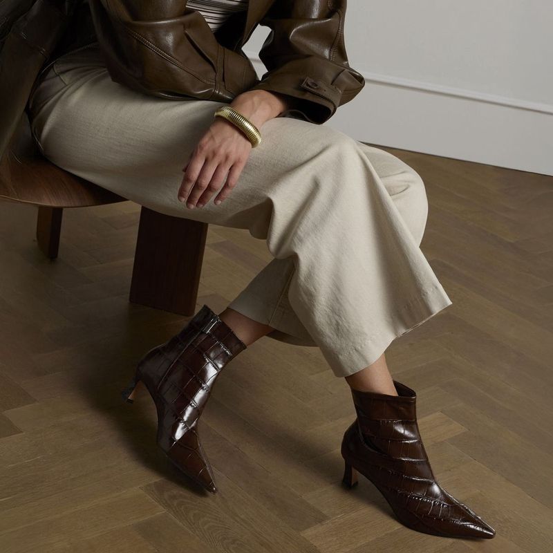 Manfield - Bruine Leren Croco - Enkellaarsjes - Hak 5 cm