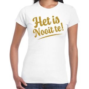 Bellatio Decorations Verkleed T-shirt dames - het is nooit te! - wit - glitter goud - foute party S
