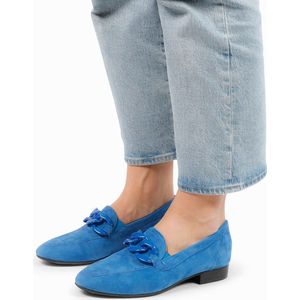 Manfield - Dames - Blauwe suède loafers met chain - Maat 36