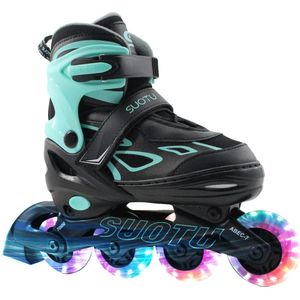 Suotu Skeelers - Inlineskates Verstelbaar - Skeelers meisjes en jongens - Maat: EUR 28-31 - Lichtgevende wielen - S79 - Groen/Zwart - S