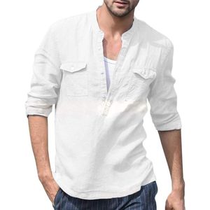 LVCBL Heren Katoen Linnen Shirt Herfst Winter Heren Overhemd Lange Mouwen Regular Fit Casual Shirt Wit XXL