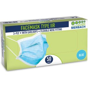 Merbach mondmasker blauw 3-lgs IIR oorlus- 500 x 50 stuks voordeelverpakking
