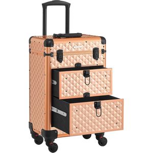 Cosmetic Case Trolley, professionele make-up case, kapperskoffer met 4 uitneembare universele wielen, make-up case, top met 3 uittrekbare compartimenten, laden, voor op reis ,goud, HMTM-BC 30018-ROSE GOLD