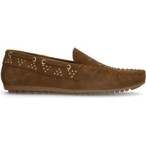 Manfield - Dames - Cognac suède loafers met goudkleurige studs - Maat 39