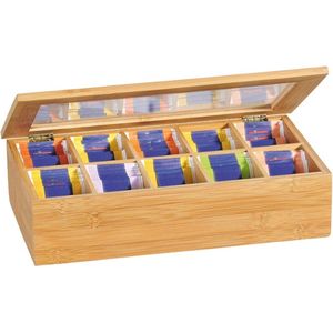 FSC® Bamboe Theedoos met 10 Vakken - Theekist Bamboe hout - Met deksel en venster - Thee Doos - Thea Box - Afm. 36 x 20 x 9 Cm