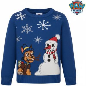 PAW Patrol – Kersttrui Jongens – Maat 98/104 – Blauwe Kersttrui met Chase en Sneeuwpop – Warme Gebreide Wintertrui Kinderen – Paw Patrol Sweater – Kerstcadeau Jongens - Kinderkleding – Jongens Trui – Winter Kleding