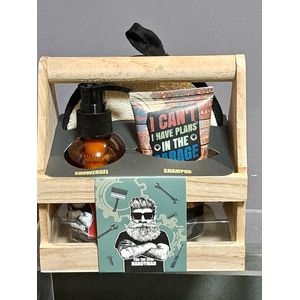 handyman gift set - mannen - houten kistje - shower gel - shampoo - zeep scrub pad - grappig - eucalyptus - lavendel - verse kruiden