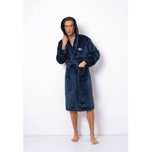 Luxe badjas heren – blauwe badjas met capuchon – borst borduring van kroon - herenbadjas zacht – luxury bathrobe – 100% fleece – maat L