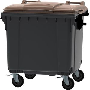 Afvalcontainer 1100 liter grijs met bruin deksels-s4 wielens-sGFT container