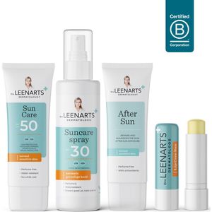 Zonnebrand Familie Voordeelset G – SPF30 Spray + SPF50 + Aftersun + Lipcare Sun SPF25