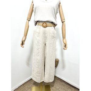 Linnen broek met een rieten ceintuur en zijzakken - elastische talie - kleur BEIGE - maat 38/40