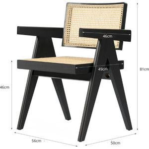 Luvlea eetkamerstoel - Eetkamerstoel met armleuning - Japandi stijl stoel - Woonkamer stoel - Woonkamer stoel met armleuning - Massief hout - Rotan - Zwart - 50X56X81CM