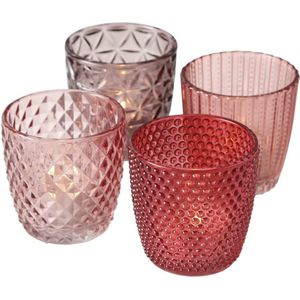 Boltze Marilu 1017892 Lantern Set of 4 (Purple/Pink, Decorative Glasses for Candles/Tea Lights, Candle Holders, Diameter 8 cm, Various Patterns, Round Shape, Tea Light Holder)