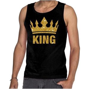Zwart King gouden glitter kroon tanktop/hemd - mouwloos shirt heren - Zwart Koningsdag kleding M