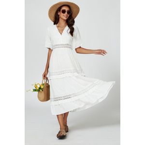 V-hals midi-jurk met kantdetail in wit