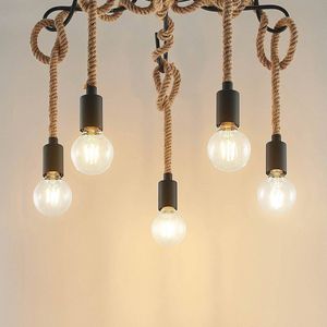 Lucande - plafondlamp - 5 lichts - ijzer, touw - H: 29.8 cm - E27 - zwart, lichtbruin