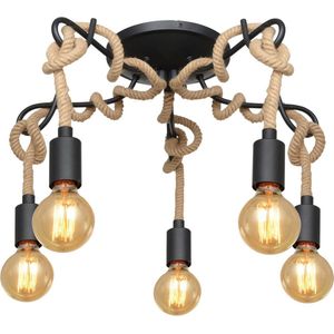 Lucande - plafondlamp - 5 lichts - ijzer, touw - H: 29.8 cm - E27 - zwart, lichtbruin
