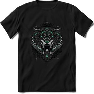 Tijger - Dieren Mandala T-Shirt | Aqua | Grappig Verjaardag Zentangle Dierenkop Cadeau Shirt | Dames - Heren - Unisex | Wildlife Tshirt Kleding Kado | - Zwart - M