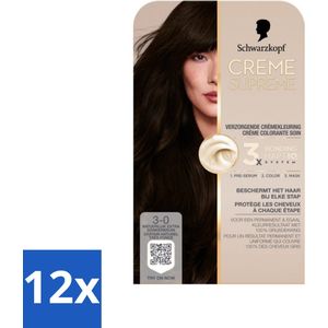 12 x Schwarzkopf - Haarkleuring - Creme Supreme 3-0 - Natuurlijk Extra Donkerbruin - 245g - Permanente Haarkleur - Donkerbruin Haar - Grijsdekking - Haarkleuring Verzorging - Schwarzkopf Creme Supreme