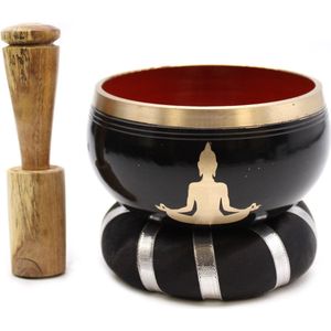 Boeddha Klankschaal Set - Zwart Oranje - 10.7cm - Singing Bowl - Klank Schaal - Meditatie Schaal met Aanstrijkhout & Kussen