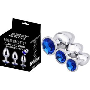 Power escorts - Metalen Buttplug set - stijlvolle Donker Blauwe steen -  Anal plug Starter set - 3 Pack  - BR138 - Small - Medium - Large Anaal plug set