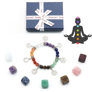 Chakra Stenen & Armband Set - 7 Kubus Edelstenen & Kristallen - Armbandje Dames met Kralen van edelsteen en Chakra tekens