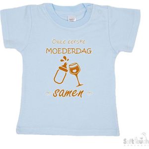 Soft Touch T-shirt Shirtje Korte mouw ""Onze eerste moederdag samen!"" Unisex Katoen Blauw/tan Maat 62/68