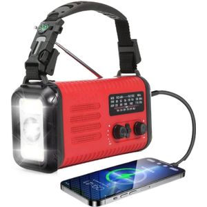 Noodradio Opwindbaar en Batterij - Zaklamp Opwindbaar - Powerbank Zonnenergie 20000mah - Transistor Radio op Batterijen voor Rampen - Noodradio Solar Opwindbaar - Noodpakket voor Thuis - Rood