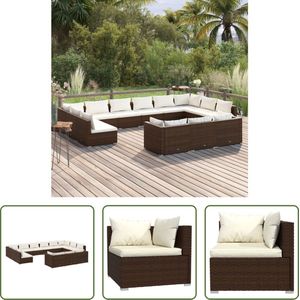 The Living Store Loungeset - PE-rattan - Bruin - 9x middenbank - 4x hoekbank - 13x zitkussen - 17x rugkussen