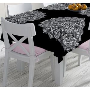 Tafelkleed vierkant 140 x 140 cm - Bedrukt Velvet Textiel - Witte mandala op zwart - Tafellaken - De Groen Home