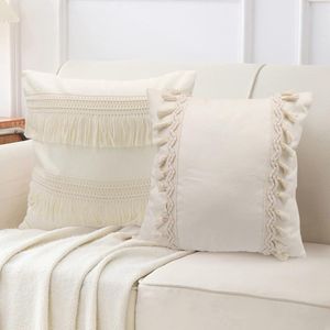 Stijlvolle Boho Kussenhoezen Set van 2 met Kwastjes voor Moderne Inrichting 45x45 cm Beige