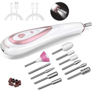 Electric Nail File for Acrylic Gel and Natural Nails with 11 Attachments - Bright LED Light Portable Manicure Set Pedicure for Salon and Home (Pink)
